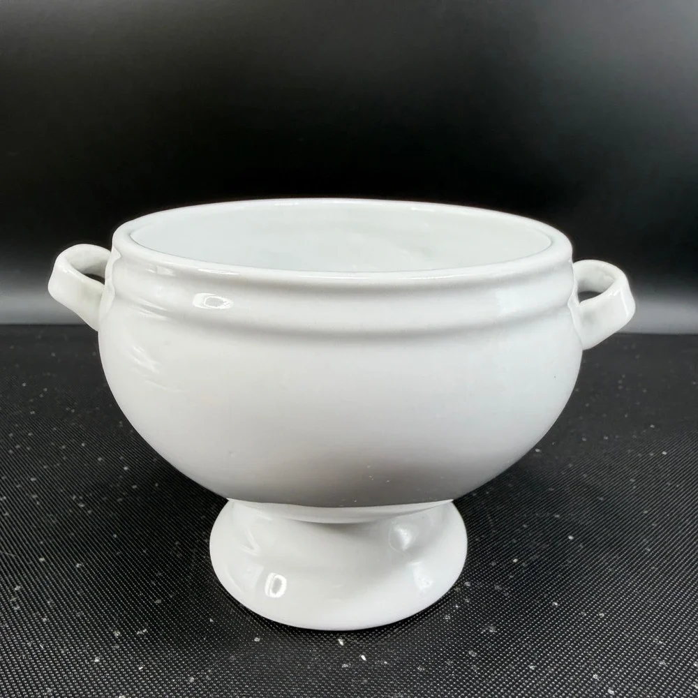 Crate & Barrel White Porcelain Footed Soup Bowls Set 2 Lion Head Style Handles